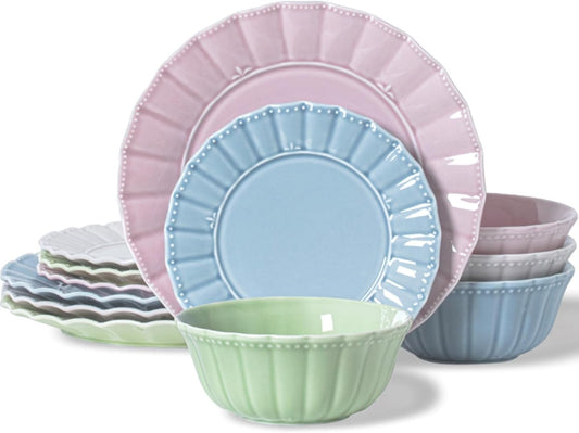 Dinnerware set, Kitchen Plates and Bowls Sets for 4, Porcelain dish set for party, House gift, Microwavable safe, Mixed Colors