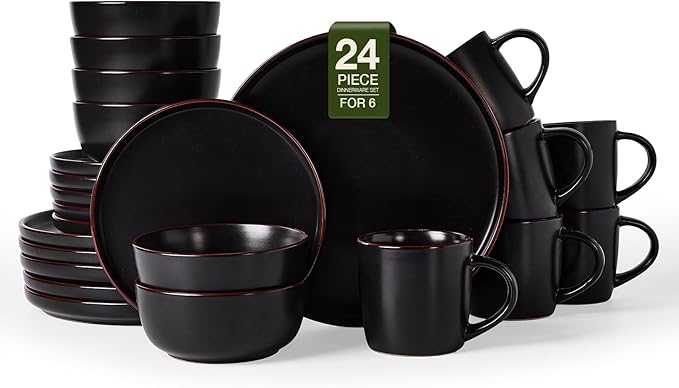 Famiware Mercury Dinnerware Sets with Mugs, Service for 6 (24 Pieces), Stoneware Plates and Bowls Sets, Microwave and Dishwasher Safe Dishes Set, Matte Black