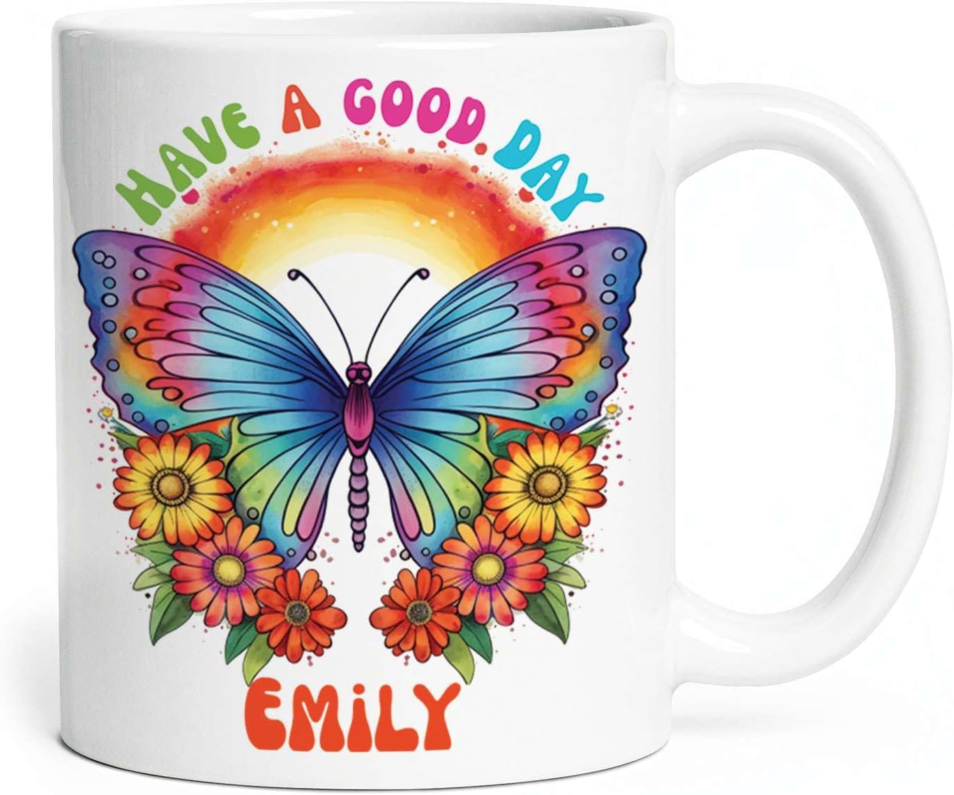 Colorful Butterfly Customized With Have A Good Day Travel Cup, Custom White Ceramic Coffee Mug Gifts For Animal Lovers, Personalized Name Thoughtful Gifts Mug For Kids On Birthday