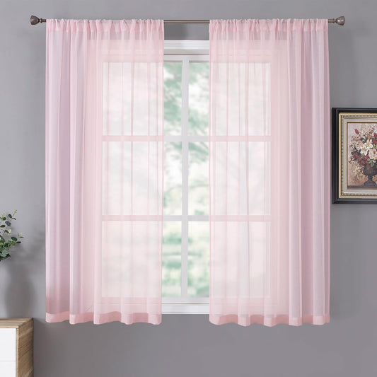 Tollpiz Sheer Curtains Living Room Linen Textured Curtain Sheers Light Filtering Voile Rod Pocket Curtains for Bedroom, 38 x 63 inches Long, Pink, Set of 2 Panels