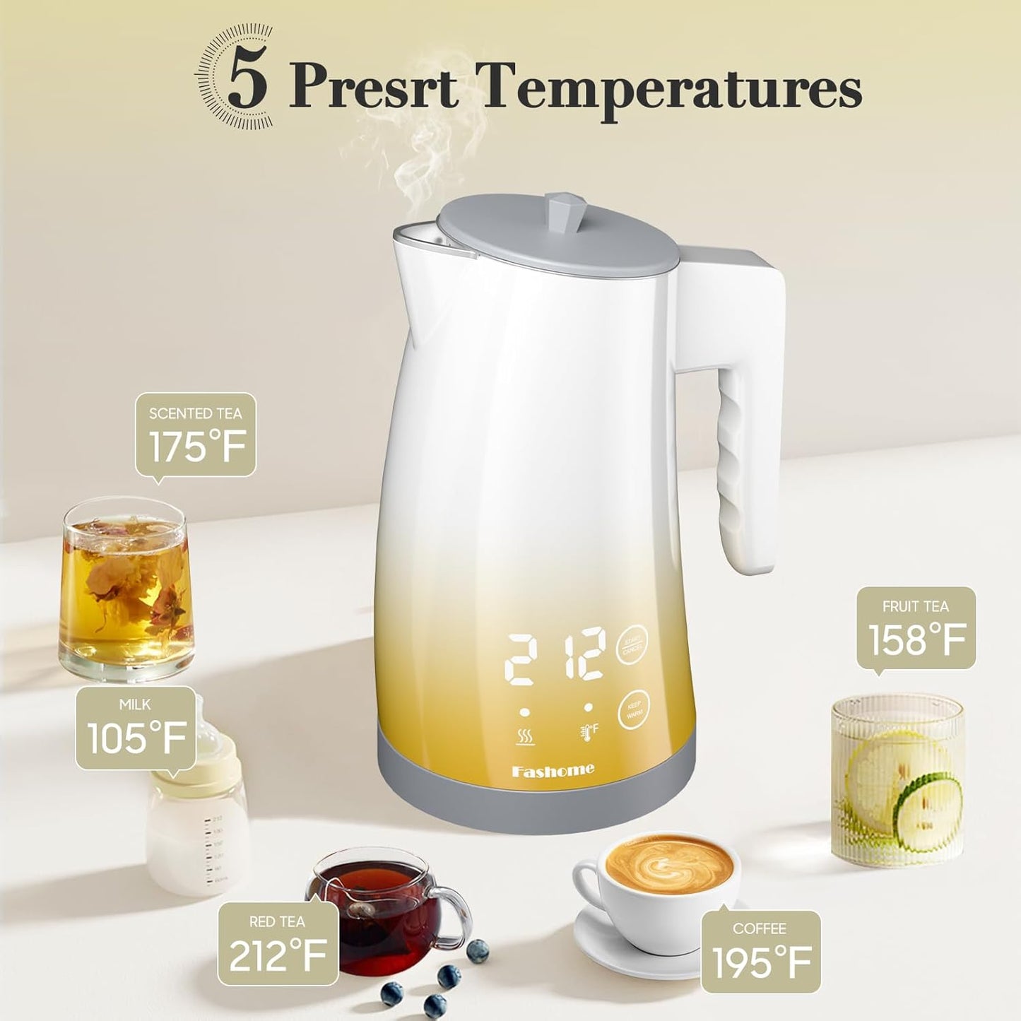 Electric Kettle with 5-Temperature Control,1.25L Cordless,Penguin Shape Design,1200W with Keep Warm and Auto Shut-Off,Perfect for Tea,Coffee & Themed Kitchen(Yellow Gradient)