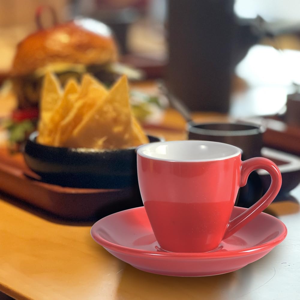 homEdge Porcelain Espresso Shot Cup Set with Saucers and Stainless Steel Spoons - 80 ml / 2.67 oz, Set of 4, Red