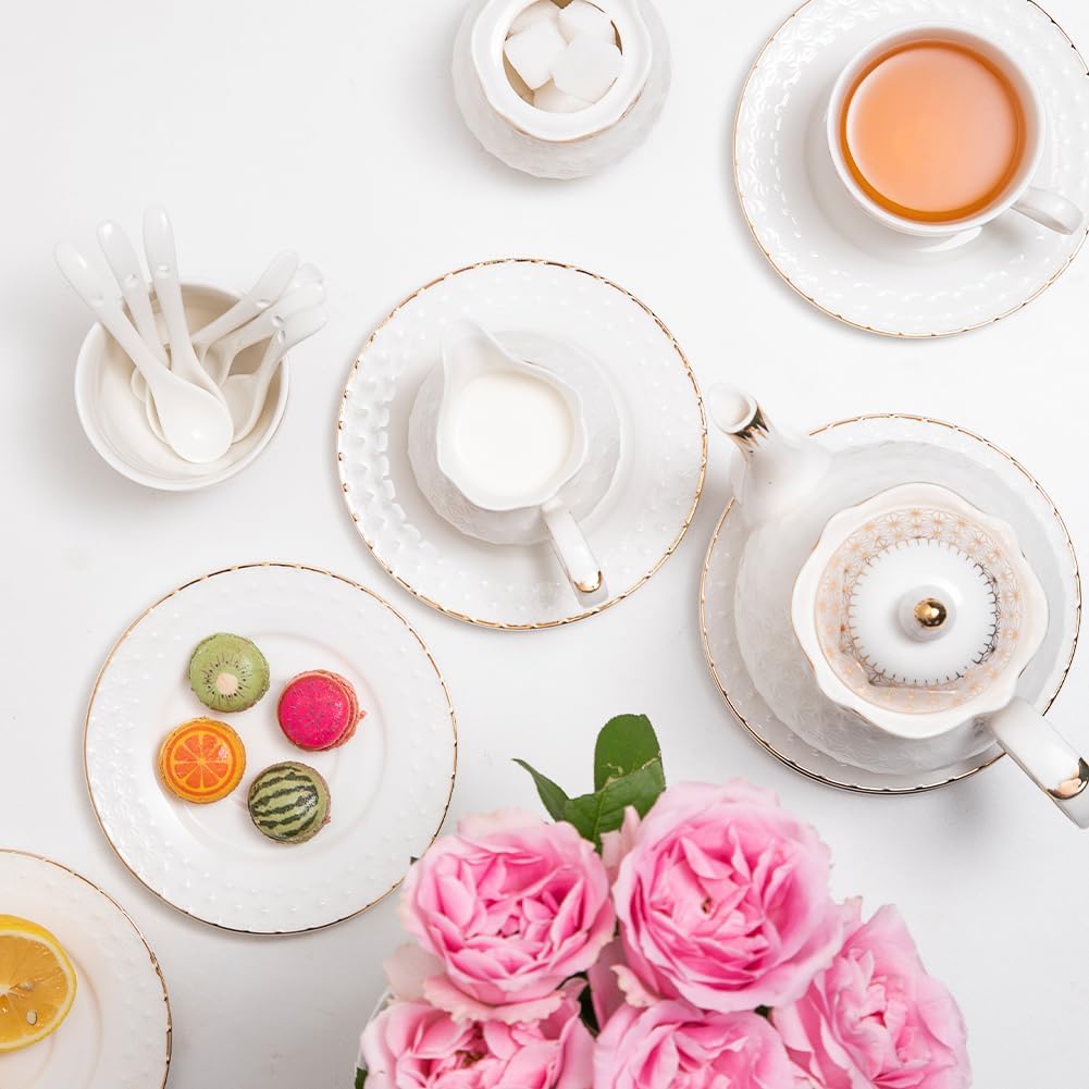 Sweejar 21 Pieces Porcelain Tea Set, Vintage Gold Trimmed Teapot Cup and Saucer Set, Tea Cup for Loose Tea, Sugar Bowl and Creamer Pitcher with Spoons, Service for 6(Classic Gold)