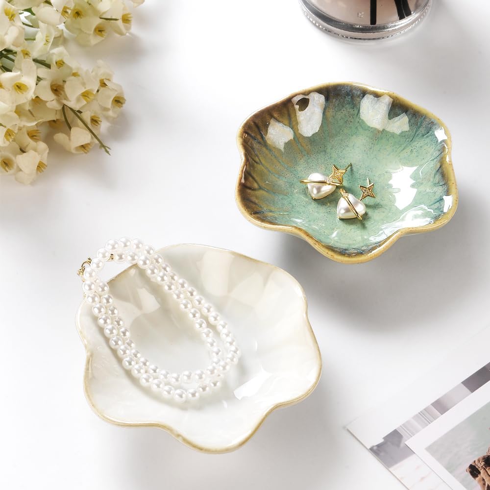 2PCS Ring Holder Dish, Small Key Bowl, Ceramic Trinket Tray Jewelry Dish Organizing Necklace Earrings for Mom Friend Sister, All Jewelries Are NOT Included. Crystal Green.