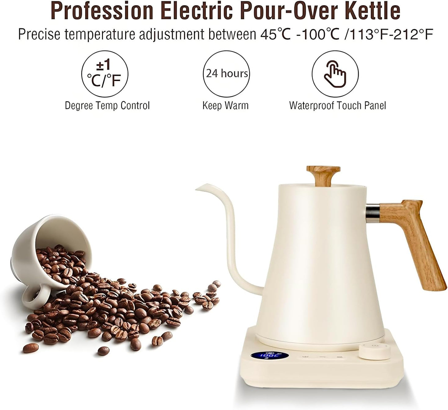 Electric Kettles, Gooseneck Electric Kettle, ±1℉ Temperature Control, Stainless Steel Inner, Quick Heating, for Pour Over Coffee, Brew Tea, Boil Hot Water, 0.9L (White)