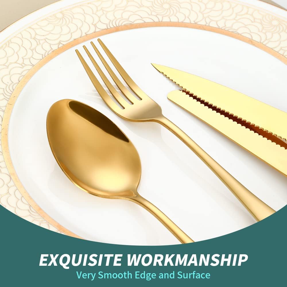 Gold Flatware Set For 4 Silverware Stainless Steel Forks and Spoons Knives Cutlery 24 Pieces Kitchen Utensils Parties Festival Casual or Formal Occasions