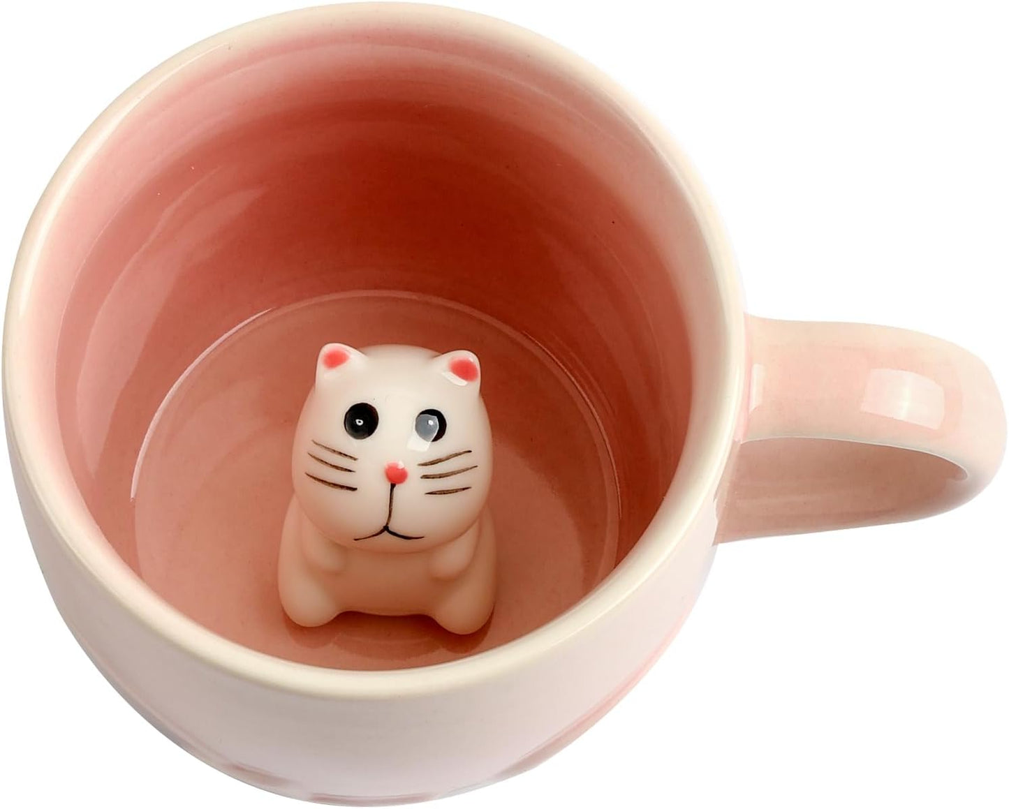 Cat Ceramic Cup Hidden 3D Animal Inside Mug,Cute Cartoon Handmade Figurine Mug,Christmas Birthday Surprise for Friends Family or Kids (Pink Cat)