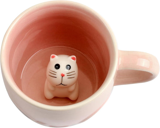Cat Ceramic Cup Hidden 3D Animal Inside Mug,Cute Cartoon Handmade Figurine Mug,Christmas Birthday Surprise for Friends Family or Kids (Pink Cat)