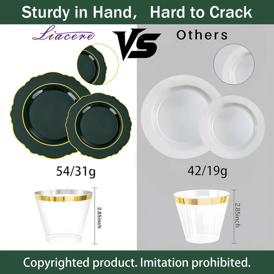 Liacere 350PCS Green Plastic Plates - Dark Green Disposable Plates With Gold Rim - 50Guest Baroque Plastic Dinnerware include 100Plates-50Pcs Pre Rolled Napkins with Silverware 50Cups for Christmas