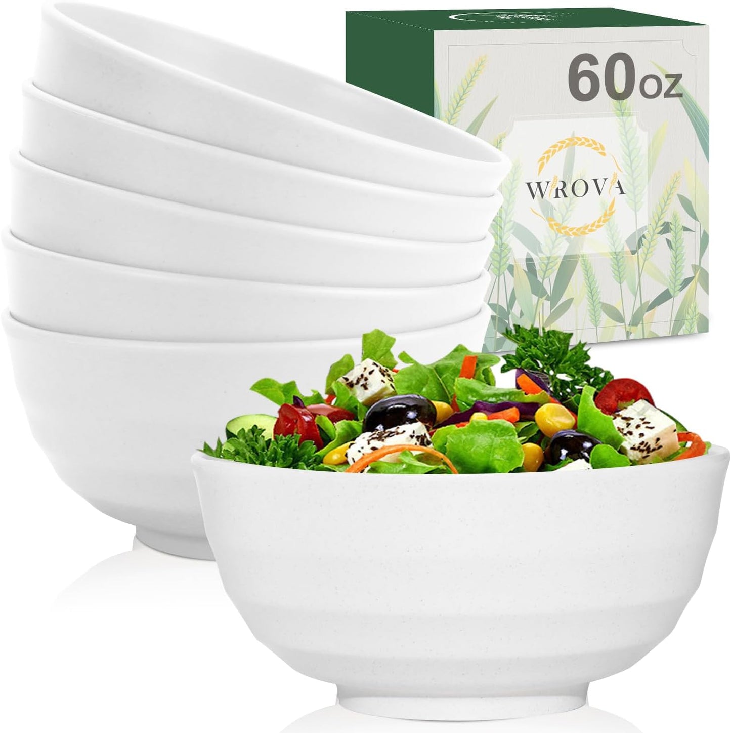 Wrova Wheat Straw Bowls Set 60 OZ, Unbreakable Large White Bowls Set of 6, Microwave and Dishwasher Safe Big Cereal Bowl for Dorm and Apartment, Salad Bowl for Serving Oatmeal and Popcorn (White)