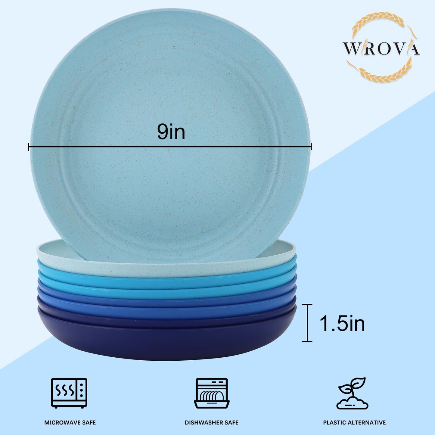 Wrova Wheat Straw Salad Plates - 9 Inch Unbreakable Dinner Set of 8 Dishwasher & Microwave Safe Plastic Reusable Lightweight for kitchen,camping (Ocean),Ocean Series:Gradient Blue