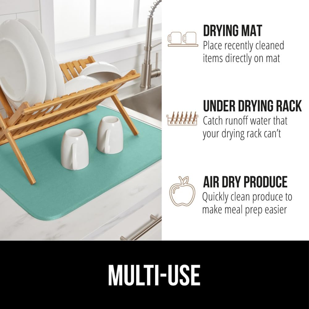 GORILLA GRIP Ultra Water Absorbent Microfiber Dish Drying Mat, 18x32, Quick Dry Thick Mesh, Slip Resistant Pad for Sink Dishes or Under Rack, Kitchen Counter Accessories, Machine Wash Mats, Mint