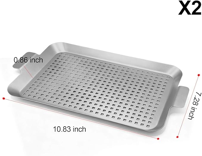 Grill Pan Set of 2, Grill Topper for Outdoor Grill, Stainless Steel Roasting Basket with Handles, Perforated Grill Tray for Smoker Roasting, Oven, BBQ Accessories(2 Small)