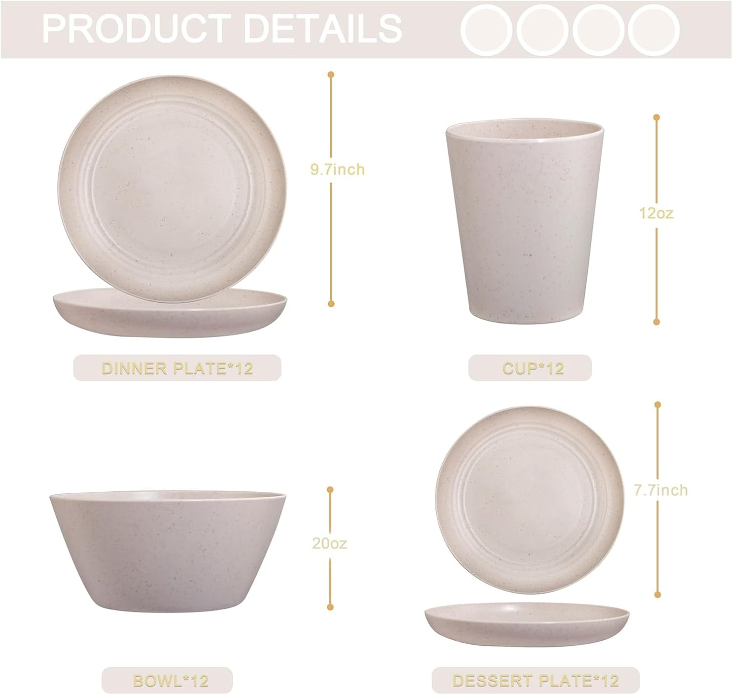 LIYH 48 Pcs Beige Plastic Wheat Straw Dinnerware Set - Reusable Plates and Bowls Sets,Unbreakable Plates Dishes Bowl Cup Outdoor Camper Dish Set for 12