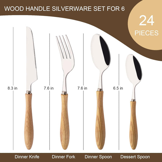 304 Stainless Steel Flatware Silverware Set with Wooden Handles, Rustic Tableware Cutlery Set for 6, Natural Wood Grain Knives Forks Spoons Set, (24 PCS, White Ash Wood Handle)