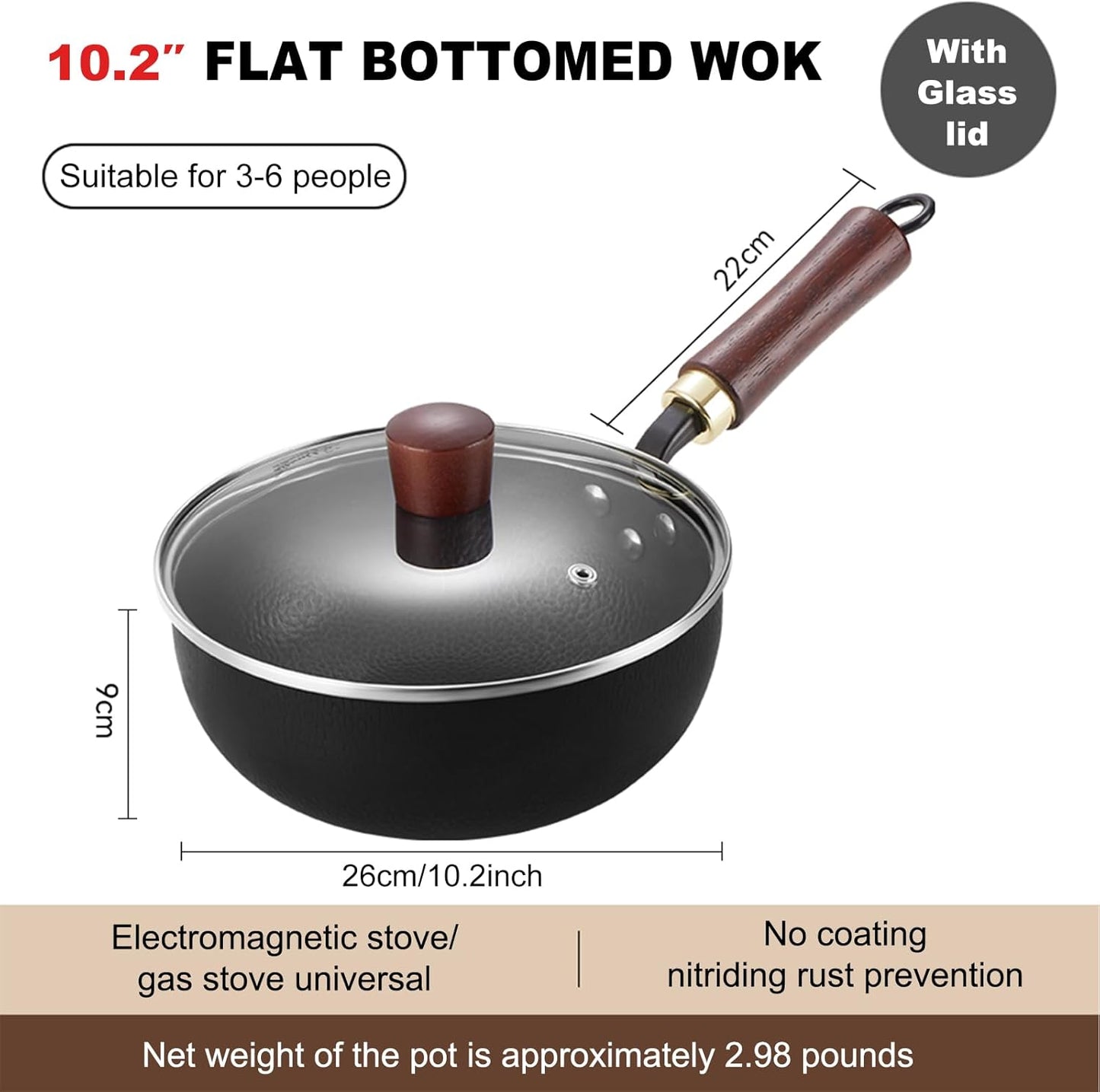 Carbon Steel Wok Pan, 10.2" Woks & Stir-Fry Pans with Glass Lid Cookwares, Nonstick Wok Flat Bottom Small Handmade Chinese Wok For for All Stoves