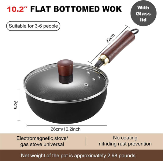 Carbon Steel Wok Pan, 10.2" Woks & Stir-Fry Pans with Glass Lid Cookwares, Nonstick Wok Flat Bottom Small Handmade Chinese Wok For for All Stoves