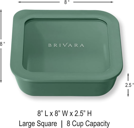 Ceramic Coated Glass Food Storage Container | No PTFE, PFOA, PFAS, and BPA | Reusable Non Toxic Meal Prep Container with Glass Lid | Easy To Store | 8 Cup Square [Pine]