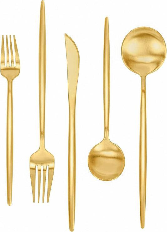 Matte Gold Silverware Set 30 Pieces, FAMEWARE Stainless Steel Flatware Set，Service for 6，Kitchen Utensil Set, Tableware Cutlery Set, Satin Finished Polished & Dishwasher Safe