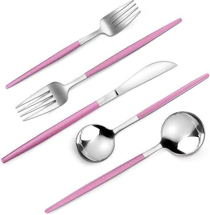 Mirror Silver Rosy Silverware Set, 20-Piece Stainless Steel Flatware Set, Satin Finish tableware Cutlery Set, Service for 4, Home and Restaurant, Dishwasher Safe