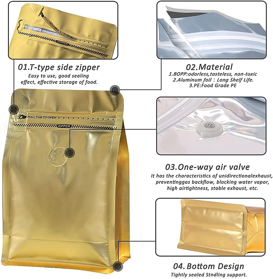 coffee bags with Valve High Barrier Aluminumed Foil Flat Bottom Standing Coffee Beans Storage Bags,Reusable Heat Sealable Side Zipper Pouches (12oz/50pcs, Gold)
