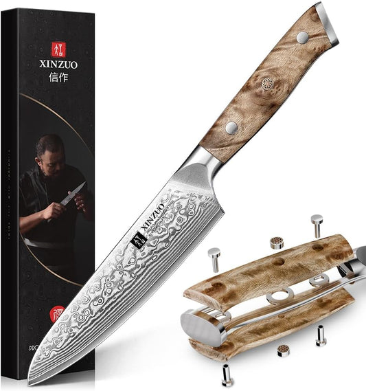 XINZUO 5.2-inch Damascus Steel Petty Knife,67-layer Steel,Perfect for Cutting Fruit and Vegetables Peeling Multipurpose Kitchen Knife with Figured Sycamore Handle