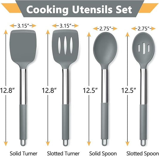 P&P CHEF Gray Kitchen Cooking Utensil Set of 4, Silicone Solid Spatulas Slotted Spoons Turners for Non-stick Cookware Flipping Mixing, Heat-proof