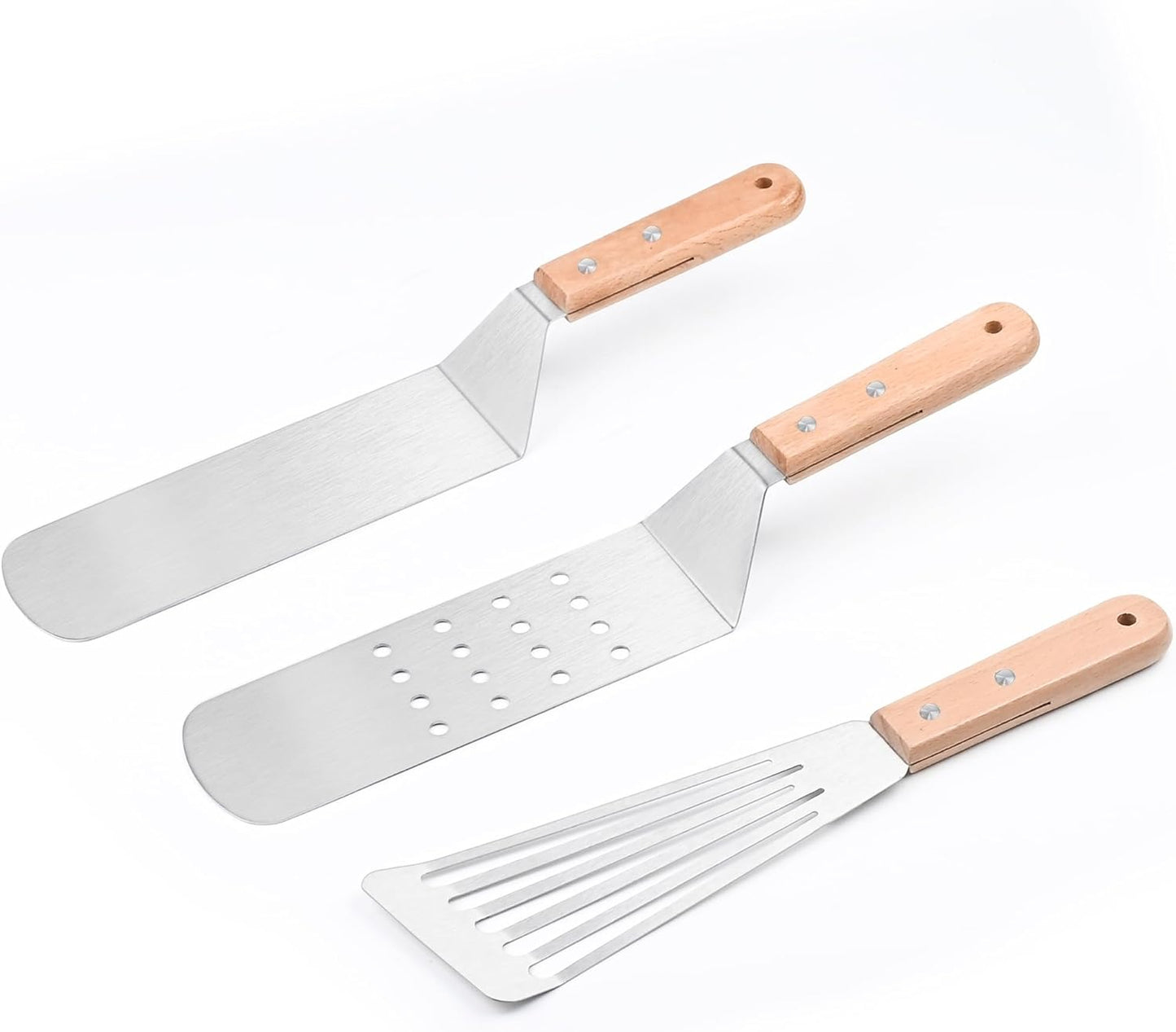 3-Piece Griddle Spatula Set for Flat Top Grill – Stainless Steel Turner Kit with Wooden Handles, Heavy Duty BBQ Accessories for Teppanyaki, Outdoor Cooking & Smash Burgers
