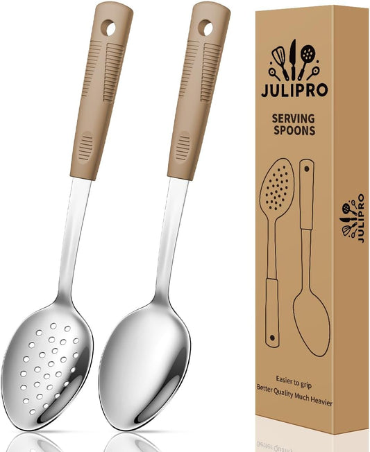 2-Piece,Stainless Steel Serving spoons set with Slotted Spoon.Serving Spoon and Perforated Spoon, kitchen cooking serving utensils set cooking spoon-brown