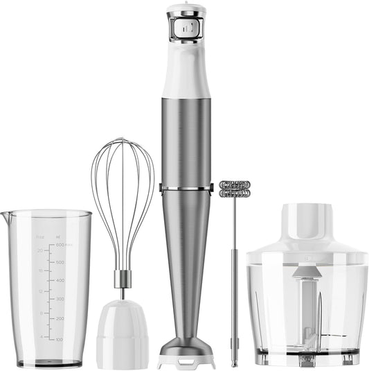 Immersion Blender Handheld Corded Hand Blenders Set 1100W, Trigger Variable Speed 5 in 1 Stick Emulsifier with Chopper, Whisk and Frother for Soup, Baby Food and Smoothies, White