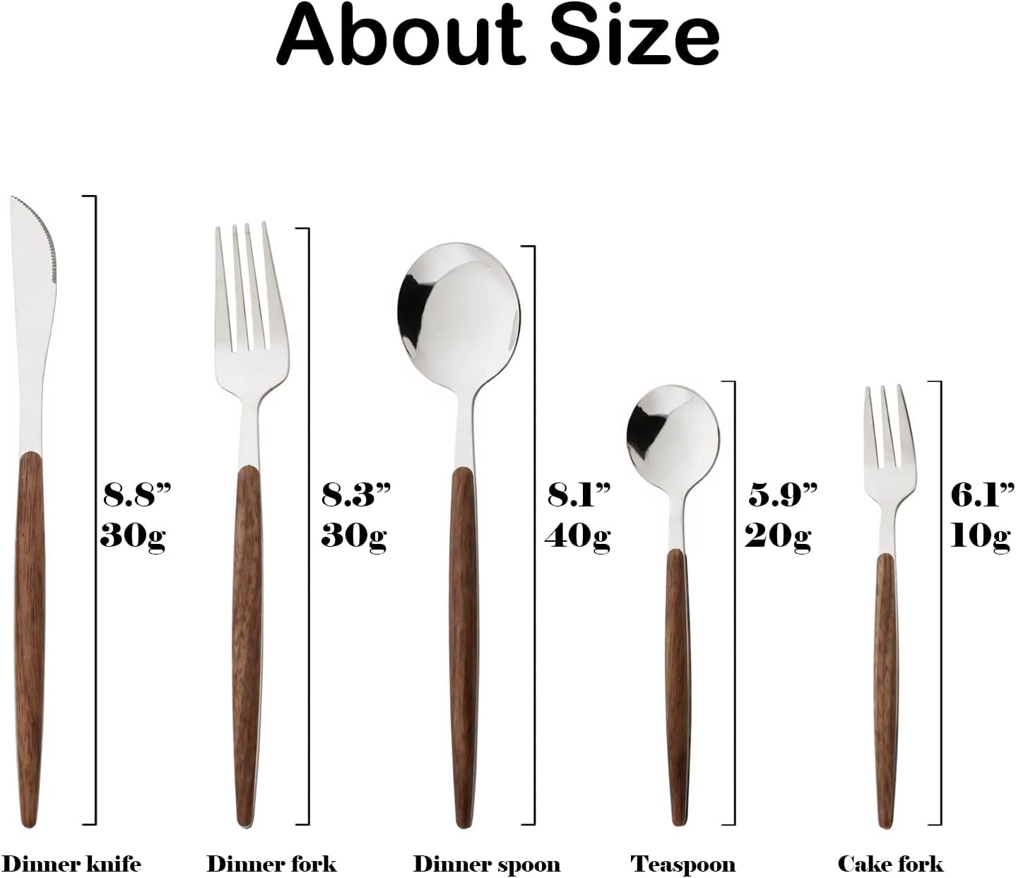 JASHII Wood Handle Flatware Set, 20 Pieces Stainless Steel Silverware Cutlery Set, Mirror Polished, Knife Fork Spoon Set, Dishwasher Safe - Pointed Head Silver