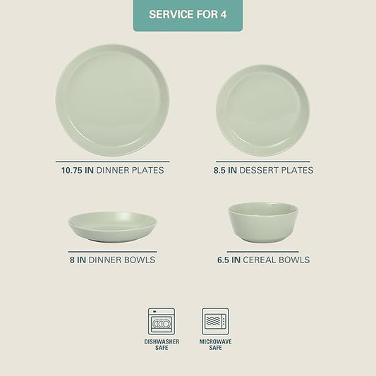 Gibson Home Summer Shades 16 Piece Plates and Bowls Dishes Service for 4 Porcelain Dinnerware Set - Green