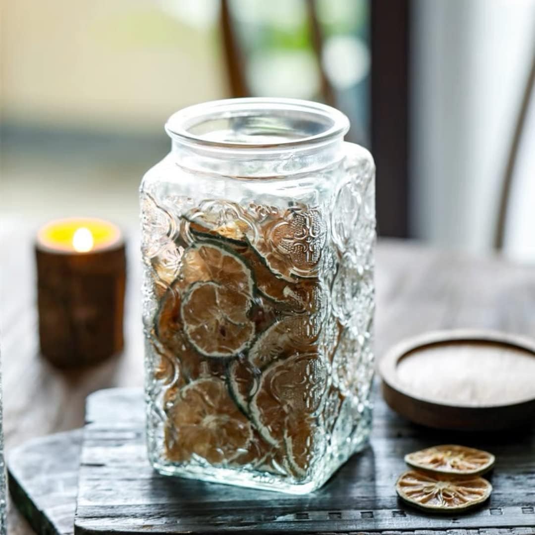 ANSQU Vintage Glass Storage Jar, 34 FL OZ Glass Food Storage Containers with Bamboo Wooden Lid, Airtight Cookie Jars for Kitchen Counter, Pantry, Cookie, Coffee, Tea, Sugar (Square Begonia)