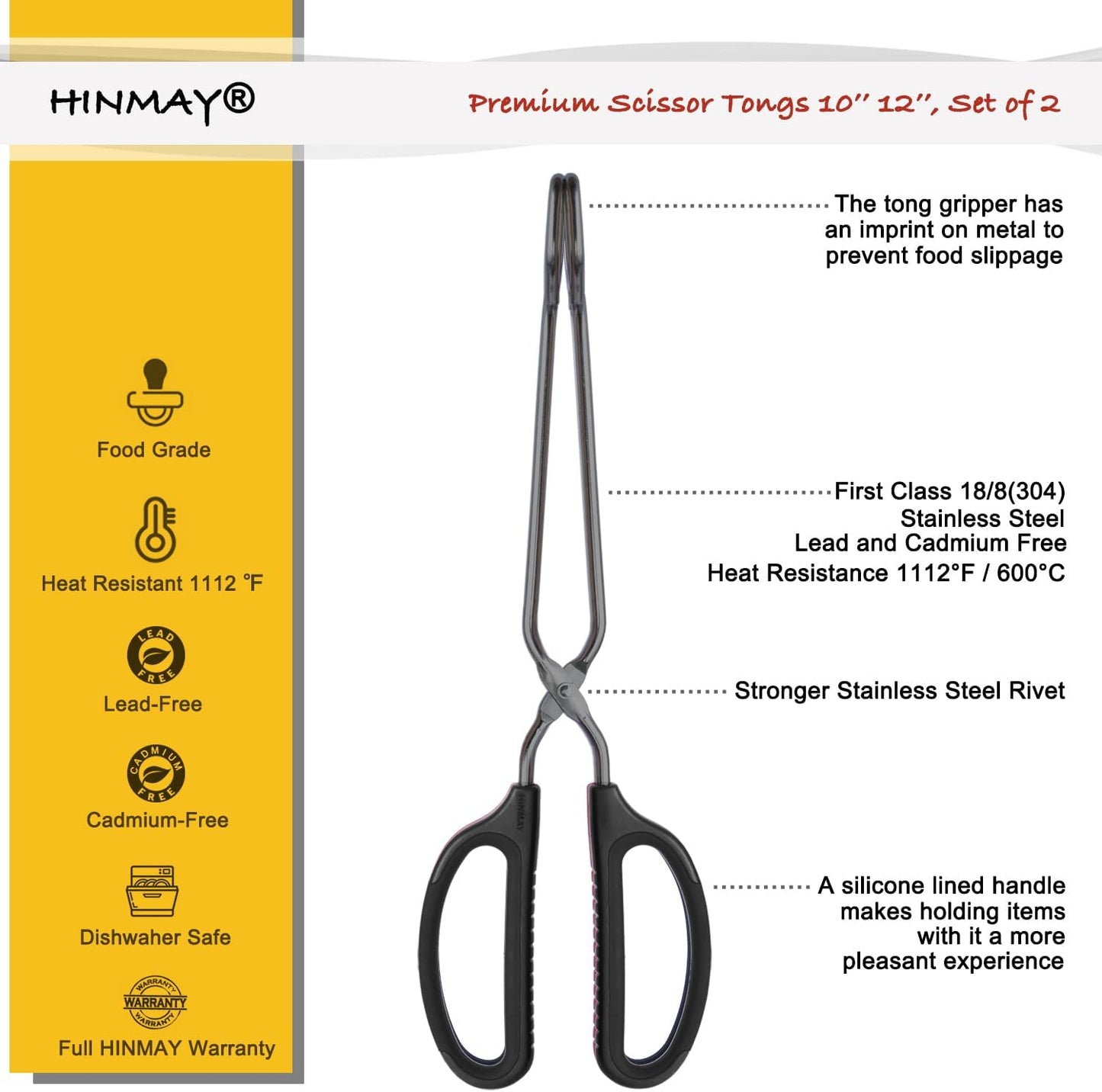 Stainless Steel Kitchen Tongs 10" and 12" Set, Comfortable Grip Scissor Tongs for Cooking, Grilling & Serving (Black)