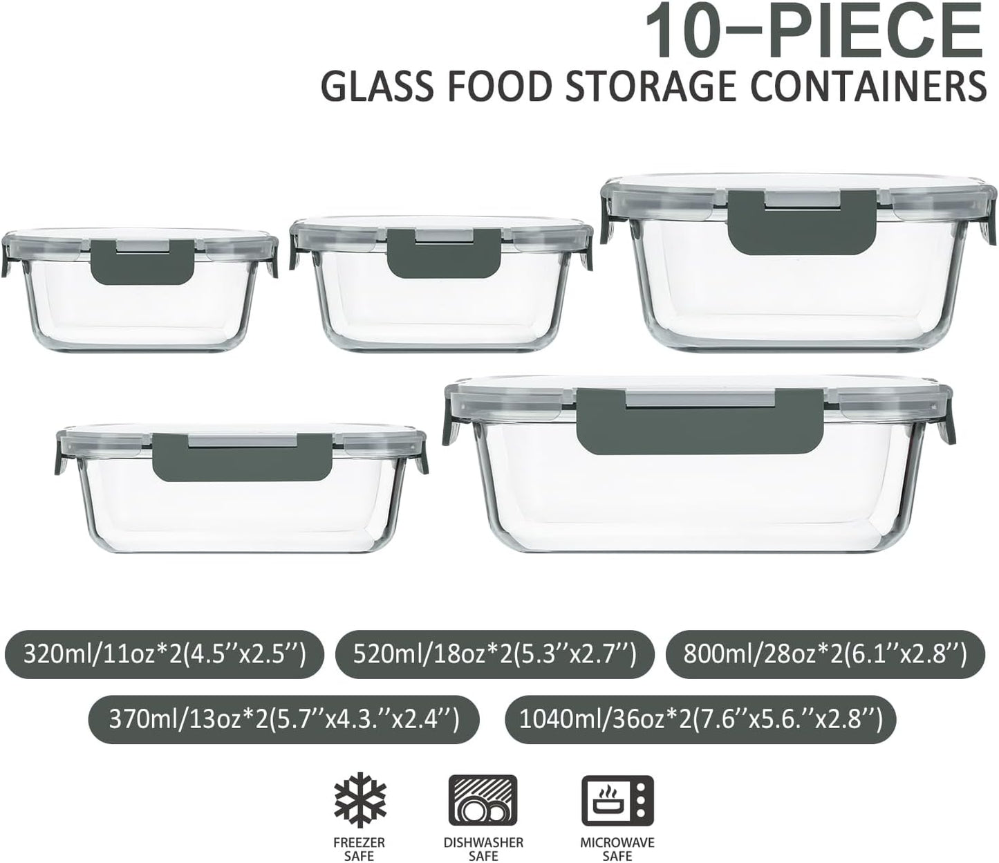 M MCIRCO 10-Pack Glass Food Storage Container with Lids, Airtight Lunch Bento Boxes, Glass Meal Prep Container,Microwave, Oven, Freezer and Dishwasher Friendly