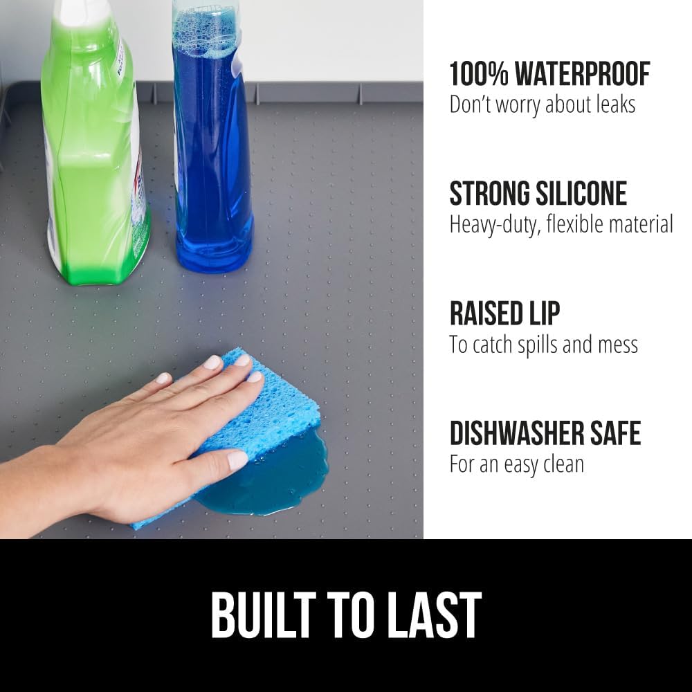 GORILLA GRIP Waterproof Silicone Under Sink Mat with Raised Lip for Kitchen and Bathroom, Cabinet Shelf Liner Stay in Place Mats Dishwasher Safe Drawer Liner, Organizer Tray, 15 x 22 in, Gray