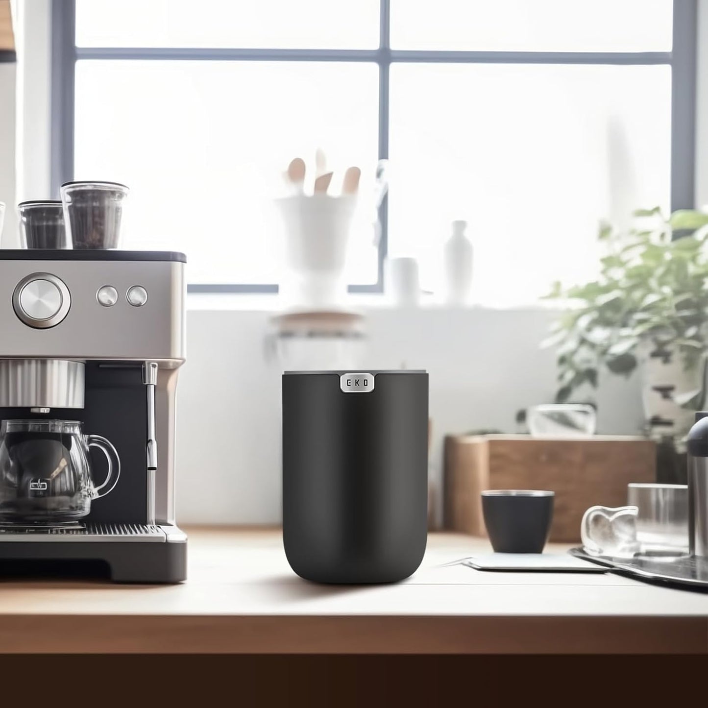 EKO Mini Desk Trash Can with Swing-Top Lid 0.4 Gallon Small Table Round Wastebasket for Office, Home, Car (Black)