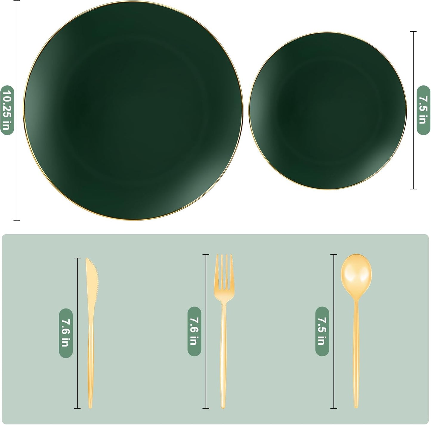 I00000 150Pcs Green Plastic Plates with Gold Rim, Fancy Christmas Plates,Green Disposable Plates Set include 30 Dinner Plate,30 Dessert Plate, 90 Plastic Silverware Set for Christmas,Party,Wedding