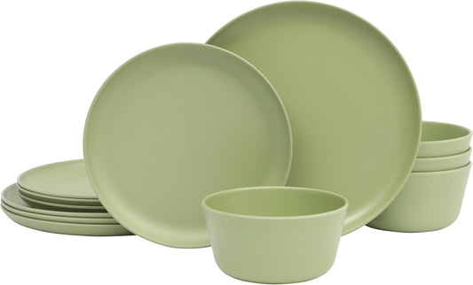 Gibson Home Fairhope 12-Piece Matte Green Melamine Dinnerware Set – Durable Lightweight Plates and Bowls, Kitchen Dining Set