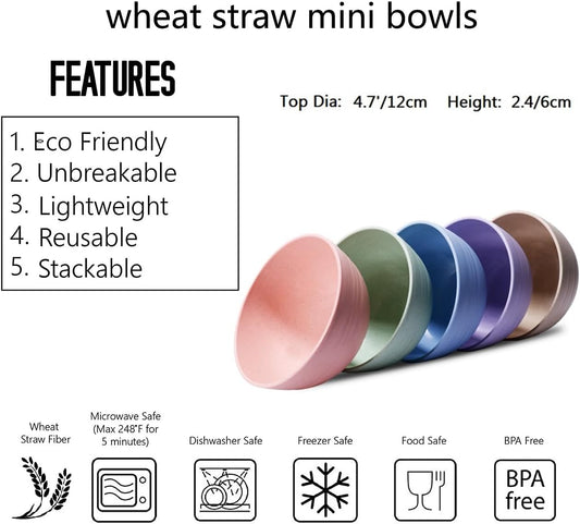 Eco-friendly Wheat Straw Bowls, 4.7 inches mini Snacks Bowl Sets,Unbreakable Natural Non-Toxin mini Bowls for Fruits, Microwave Dishwasher safe BPA FREE set of 5.