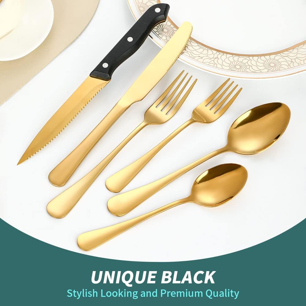 Gold Flatware Set For 4 Silverware Stainless Steel Forks and Spoons Knives Cutlery 24 Pieces Kitchen Utensils Parties Festival Casual or Formal Occasions