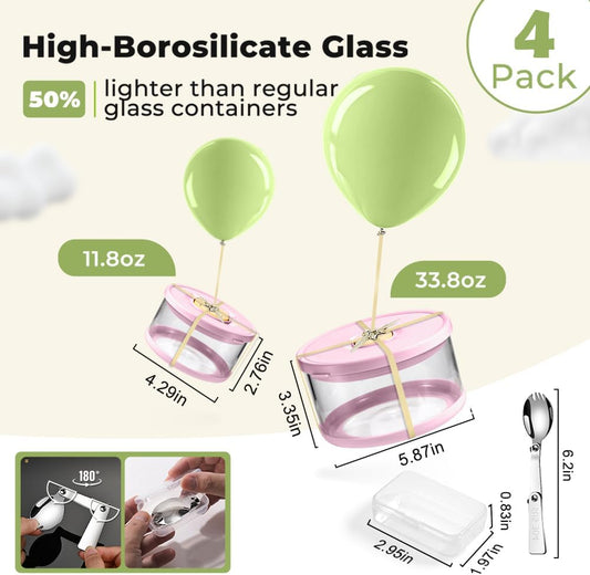 Glass Food Storage Containers with Airtight Lids, 33.8oz & 11.8oz High-Borosilicate Glass Meal Prep Containers with Spork, Bento Lunch Boxes for Salad, Ramen, Soup, Fruit - 4 Pack, Pink/White