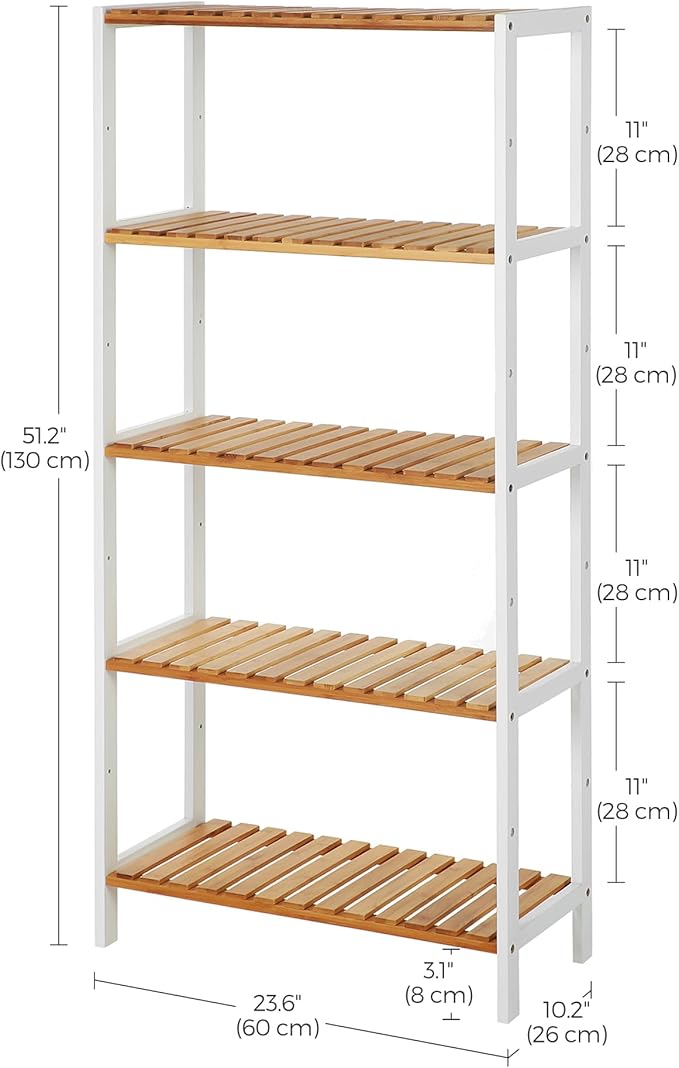 SONGMICS Bamboo Storage Shelf, 5-Tier Shelving Unit, Multifunctional, in The Entryway, Bathroom, Living Room, Balcony, Kitchen, 10.2 x 23.6 x 51.2 Inches, Cloud White and Light Bamboo UBCB35WN