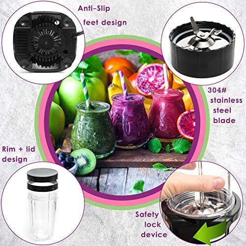 Moss & Stone MiniSmoothie Blender, Compact Personal Blender with Additional Cups Bullet Shape For Frozen Drinks, To-Go Portable Cups with Lids, Juice & Smoothie Maker