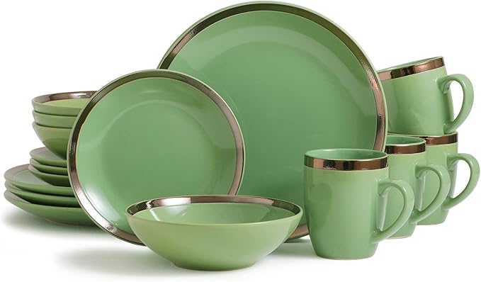 Bestone 16-Piece Round Kitchen Dinnerware Set, Dishes, Plates, Bowls, Mugs, Dish Set, Service for 4, Stoneware (round, green and gold rim)