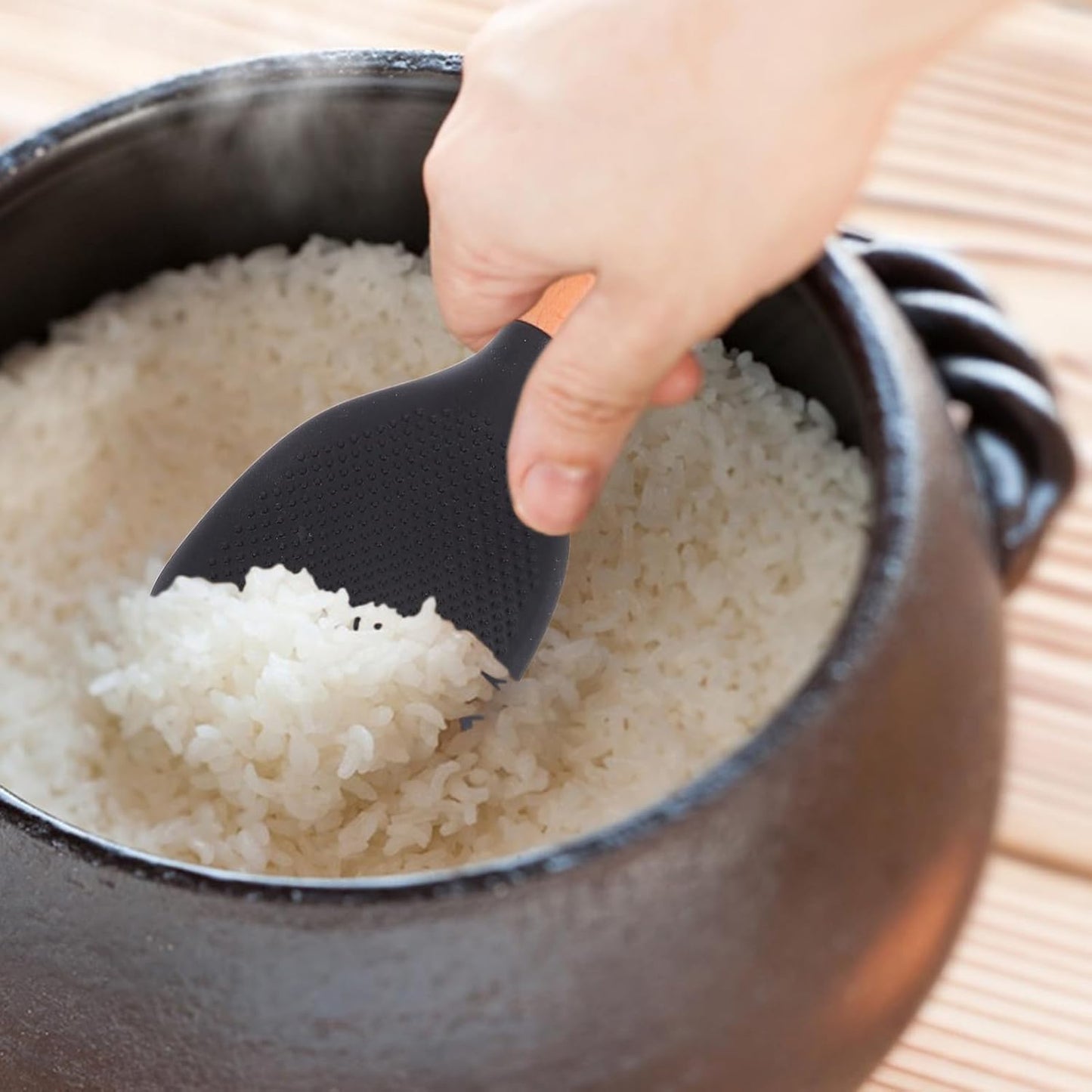 Silicone Wooden Rice Paddle Kitchen Utensils Cooking Ladle Handle (Black)