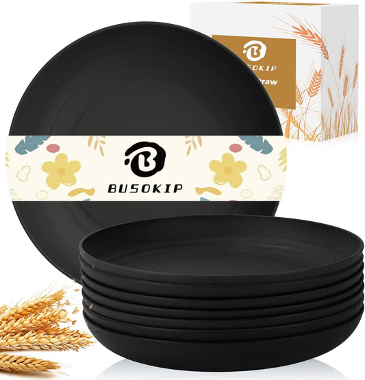 8 Pcs 11 Inch Wheat Straw Plates, Unbreakable Dinner Plates Reusable, Microwave Safe for Kitchen, Set of 8 (Black)