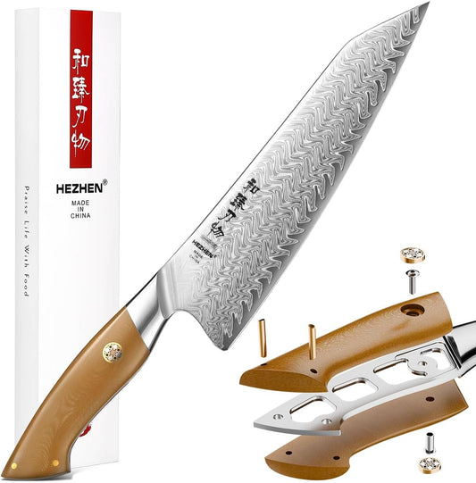 HEZHEN Damascus Chef Knife, 8.5 Inches, 67 Layers Damascus Steel, Professional Japanese Kitchen Knife for Chefs and Home Cooking, Ultra-sharp Blade with Linen Micarta Handle, Gift Packing