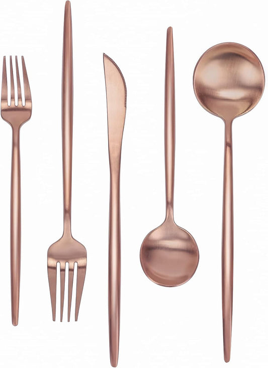Matte Rose Gold Silverware Set 30 Pieces, FAMEWARE Stainless Steel Flatware Set，Service for 6，Kitchen Utensil Set, Tableware Cutlery Set, Satin Finished Polished & Dishwasher Safe