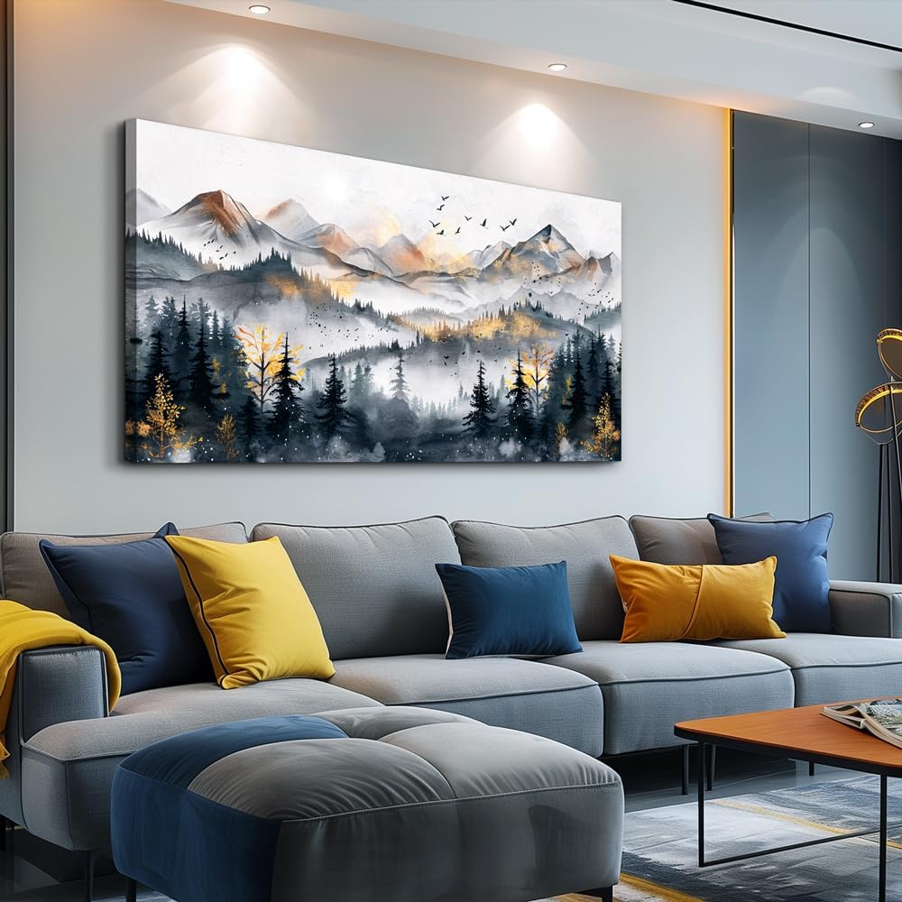 KELIYUAN Abstract Wall Decor Large Wall Art For Living Room Office Decoration Ink Mountain Landscapes Wall Painting Misty Forest Pictures Bedroom Canvas Artwork Ready To Hang Home Decor 24"x48"